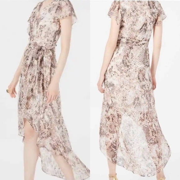 Julia Jordan Blush Snakeskin Print Metallic Rose Gold High Low Wrap Dress - Picture 1 of 16